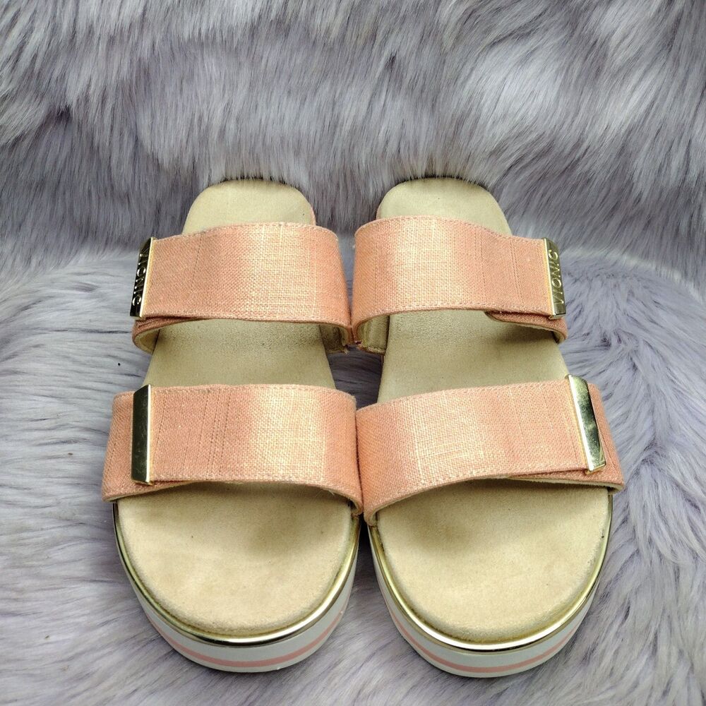 Vionic Brandie Slip On Slide Sandals Platform Papaya Metallic Linen Womens Sz 9